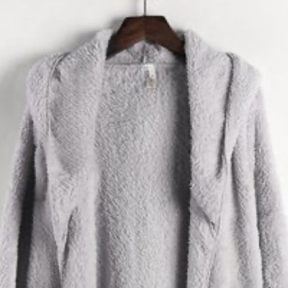 NEW! Super Soft and Fuzzy Fleece Hooded Grey Jacket Open Front Pockets - Picture 3 of 3